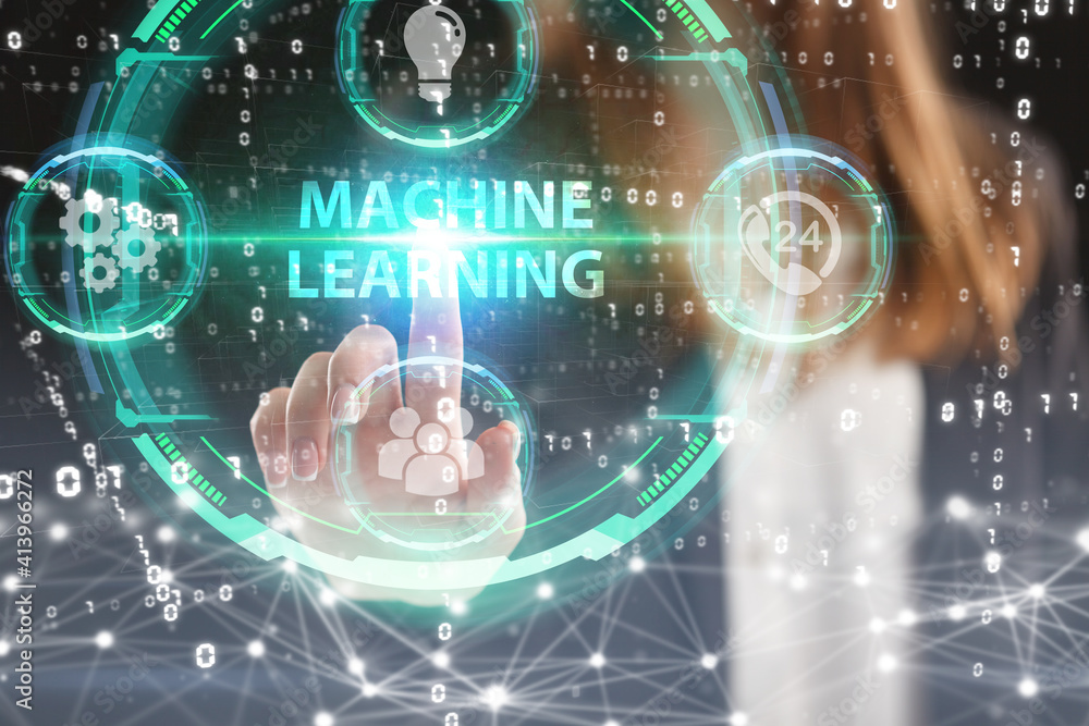 Business, Technology, Internet and network concept. Young businessman working on a virtual screen of the future and sees the inscription: Machine learning Business, Technology, Internet and network concept. Young businessman working on a virtual screen of the future and sees the inscription: Machine learning