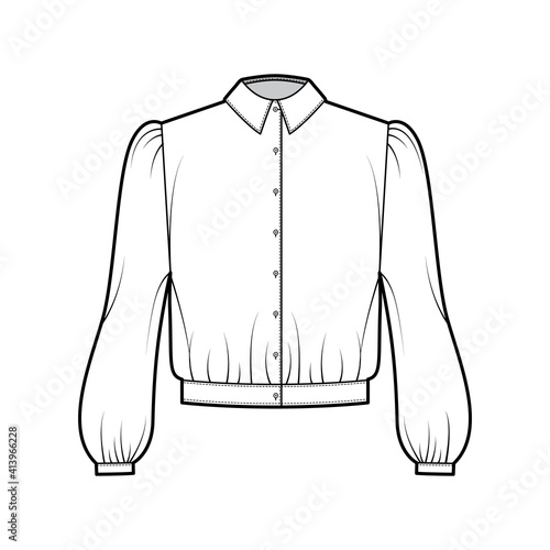 Blouson blouse technical fashion illustration with bouffant long sleeves, classic shirt neck, oversized, button up. Flat apparel top template front, white color. Women, men unisex CAD mockup