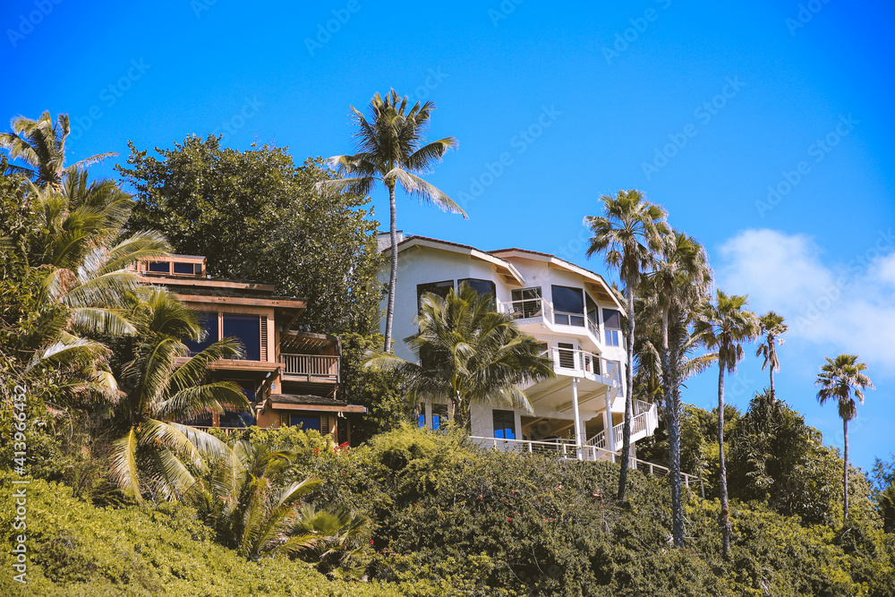 Houses and palm trees on a cliff by the sea at Spitting Cave， East Honolulu Coast Oahu Hawaii. 