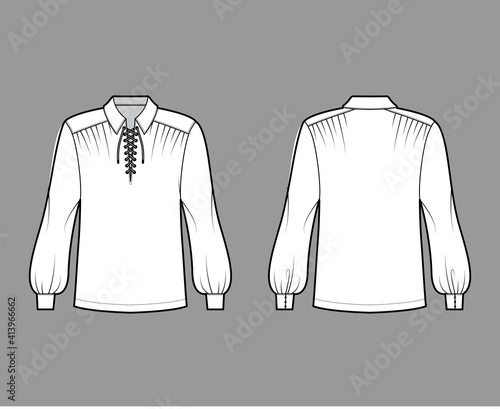 Pirate blouse technical fashion illustration with bouffant long sleeves, poet lacing collar, oversized, tunic length. Flat apparel top template front, back, white color. Women, men unisex CAD mockup