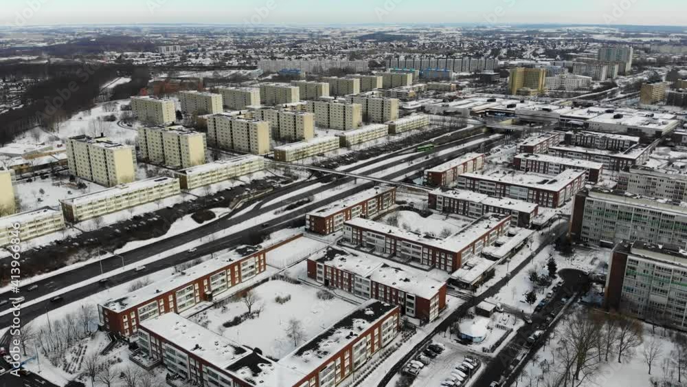 Drone flying over Rosengård, Malmö, wintertime in Sweden Drone flying over Rosengård, Malmö, wintertime in Sweden