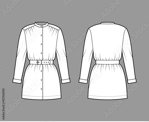 Belted blouse technical fashion illustration with long sleeves, stand collar, oversized, button up, enlarged hem. Flat apparel top template front, back, white color. Women, men unisex CAD mockup