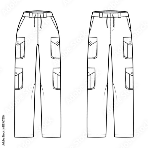 Set of cargo pants technical fashion illustration with normal low waist, high rise, pockets, belt loops, full lengths. Flat bottom apparel template front, white color style. Women, unisex CAD mockup