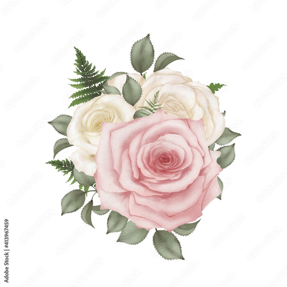 Water colors bouquet of roses isolated on white background