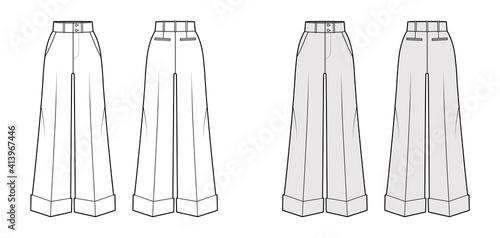 Pants oxford tailored technical fashion illustration with normal waist, high rise, full length, slant jetted pockets. Flat trousers apparel template front, back white, grey color. Women men CAD mockup