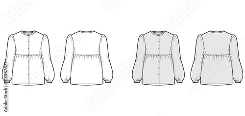 Tunic blouse technical fashion illustration with bouffant long sleeves, stand collar, gathered hem, oversized, button up. Flat apparel top template front, back, white, grey color. Women men CAD mockup