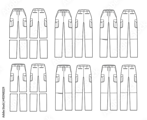 Set of Zip-off convertible pants technical fashion illustration with normal low waist, high rise, box pleated cargo jetted pockets, belt loops. Flat front back, white color style. Women men CAD mockup