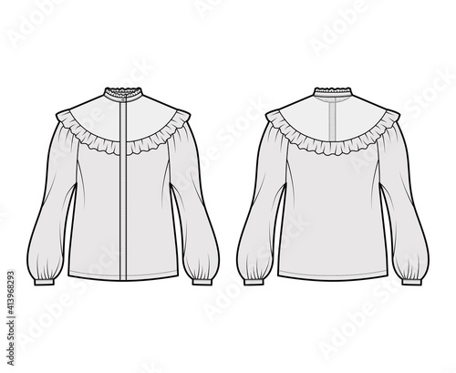 Prairie blouse technical fashion illustration with bouffant long sleeves, stand collar, ruffle yoke, cuff, hide button up. Flat apparel top template front, back grey color. Women men unisex CAD mockup