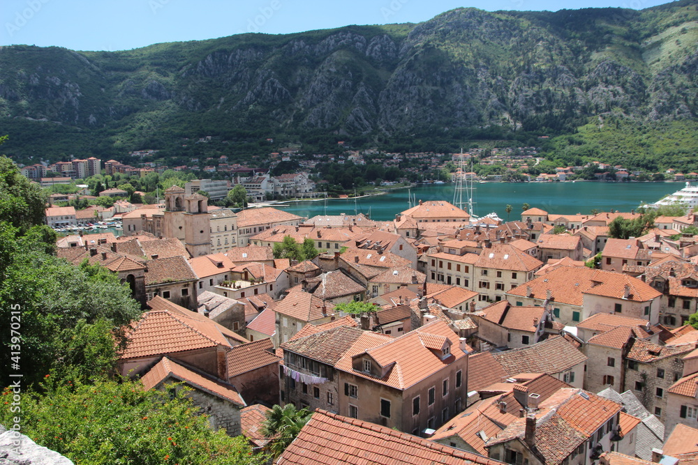 View over the old town of Kotor and the Bay of Kotor, Montenegro.