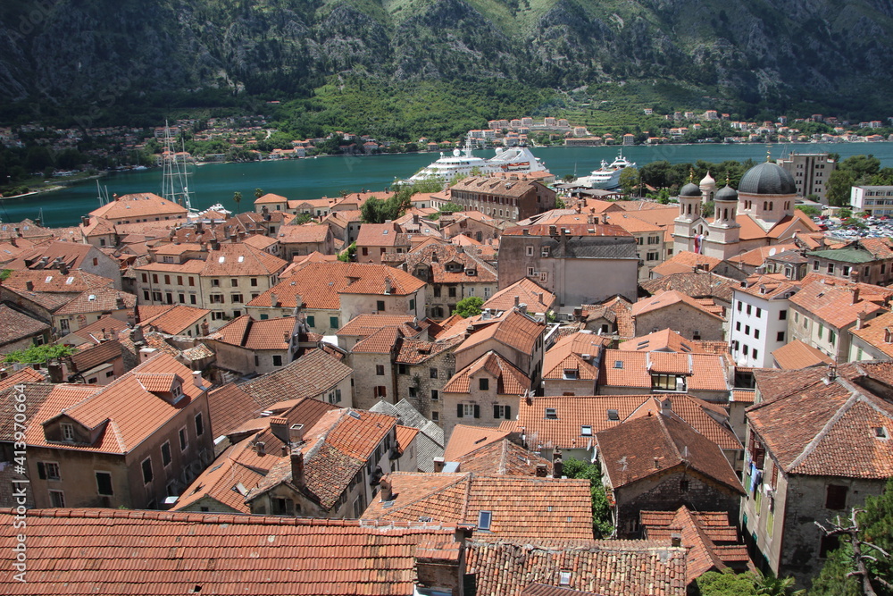 View over the old town of Kotor and the Bay of Kotor, Montenegro.