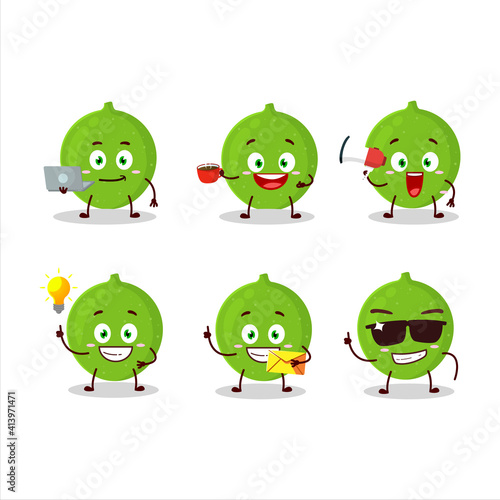 Alibertia fruit cartoon character with various types of business emoticons