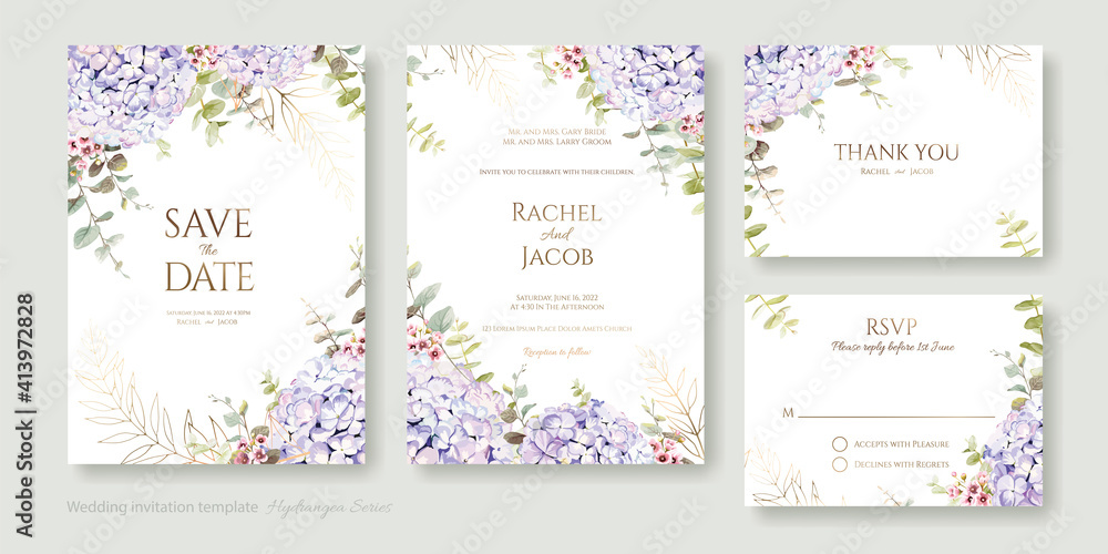 Set of floral wedding Invitation card, save the date, thank you, rsvp template. Vector. Hydrangea flower with greenery.