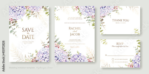 Fototapeta Naklejka Na Ścianę i Meble -  Set of floral wedding Invitation card, save the date, thank you, rsvp template. Vector. Hydrangea flower with greenery.