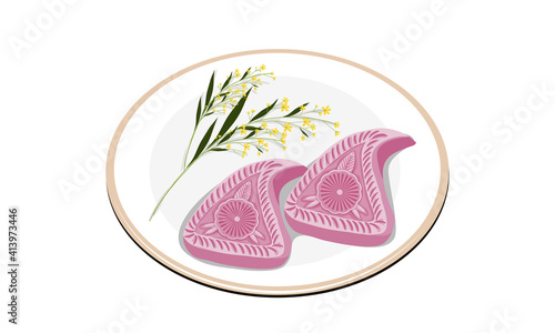 Chinese pink chives steamed dumplings on white background. Isolated close up vector illustration. 