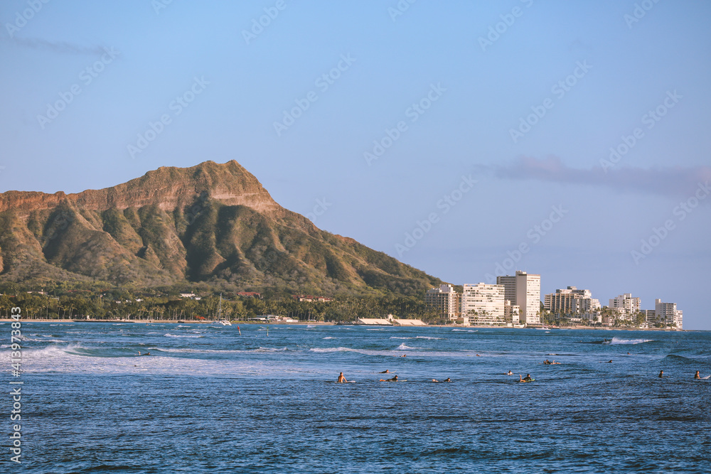 Diamond head view, Magic Island, Ala Moana Regional Park, Honolulu Oahu Hawaii Diamond head view, Magic Island, Ala Moana Regional Park, Honolulu Oahu Hawaii