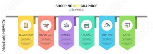 Concept of shopping process with 6 successive steps. Six colorful graphic elements. Timeline design for brochure, presentation, web site. Infographic design layout.