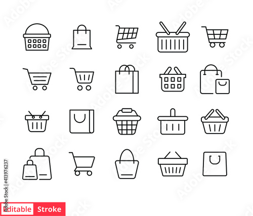 Set of shopping cart line icons. Simple outline style for web template and app. Online store, shop basket, bag concept. Vector illustration isolated on white background. Editable stroke EPS 10