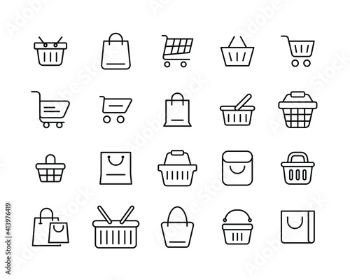 Set of shopping cart line icons. Simple outline style for web template and app. Online store, shop basket, bag concept. Vector illustration isolated on white background. EPS 10