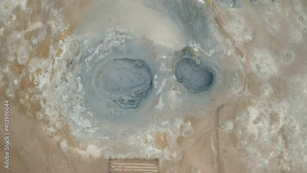 Top View Of Boiling Geothermal Hot Spring At Myvatn In Iceland. aerial drone Top View Of Boiling Geothermal Hot Spring At Myvatn In Iceland. aerial drone