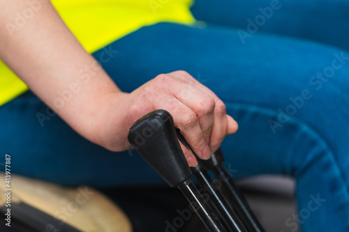 Closeup shot of a hand operating an forklift