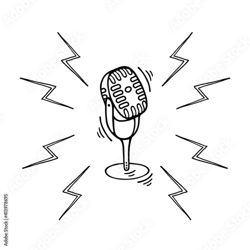 Microphone podcast doodle. Online concept. Modern scetch vector illustration for blogger. Digital background.