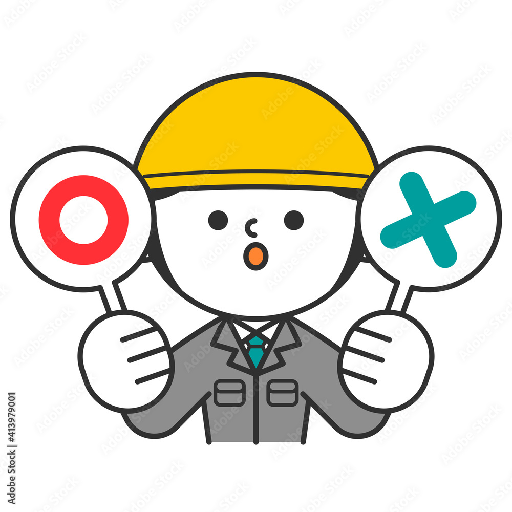 Fototapeta premium ヘルメットを被った作業服の男性 マルバツ