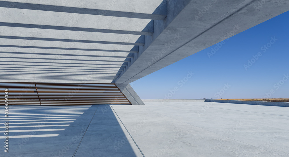 Fototapeta premium Concrete floor and modern rooftop building with blue sky.