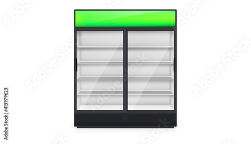 Empty vendor machine with green lightbox. Realistic icon, front view. Vector 3d illustration.