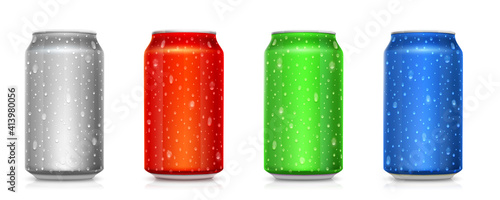 Set of realistic colored cans isolated on white. Tins for beverages with condensate. Drops of water on metal jars. Vector 3d illustration