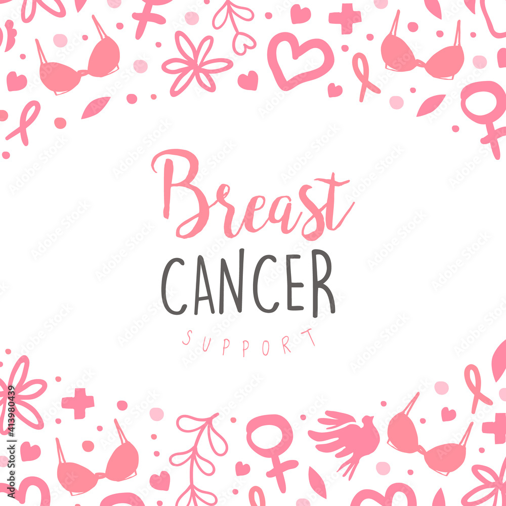 Breast Cancer Support Banner Template, Brochure, Flyer, Magazine Cover Design, Women Support, Breast Diagnosis, Cancer Prevention, Help and Charity Cartoon Vector Illustration