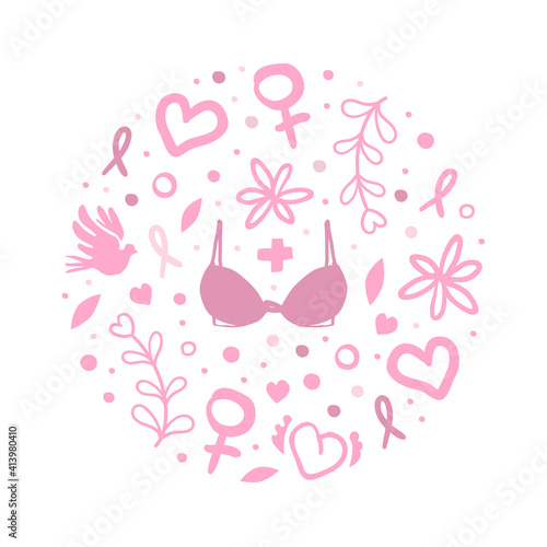 Breast Cancer Awareness Pink Pattern of Circular Shape, Cancer Prevention Campaign to Increase Awareness of Disease Cartoon Vector Illustration