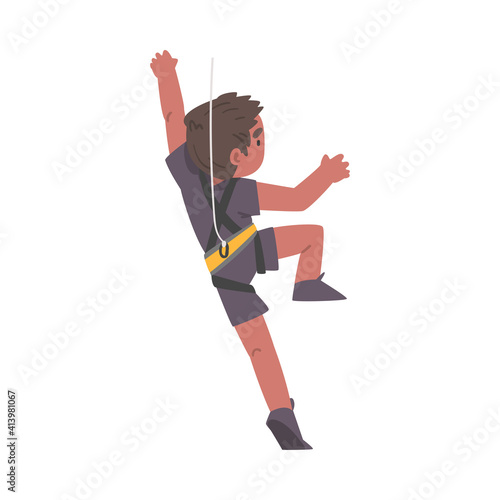 Back View of Cute Little Boy Climbing Wall, Kid Climber Character Doing Sports, Having Fun in Adventure Park Cartoon Style Vector Illustration