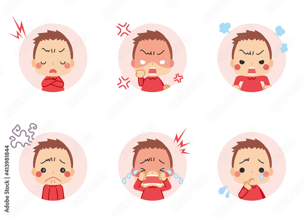 可愛い小さな男の子の顔 ネガティブ感情セット アイコン イラスト 怒り 悲しい 怒る 泣く Stock Vektorgrafik Adobe Stock