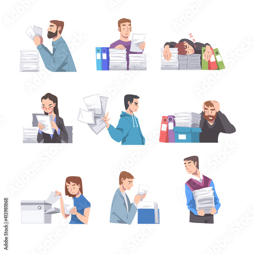 Overworked People Characters at Table with Pile of Papers Vector Illustration Set