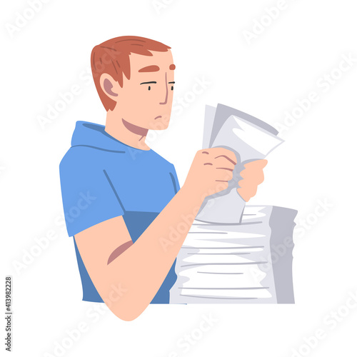 Young Male Sitting at Table with Pile of Papers Vector Illustration