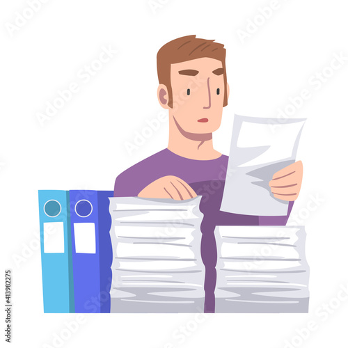 Young Man Character Working with Pile of Papers Vector Illustration