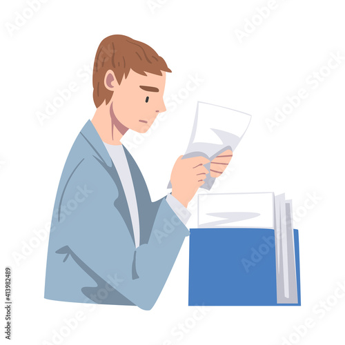 Young Man Character Working with Papers and Files Vector Illustration