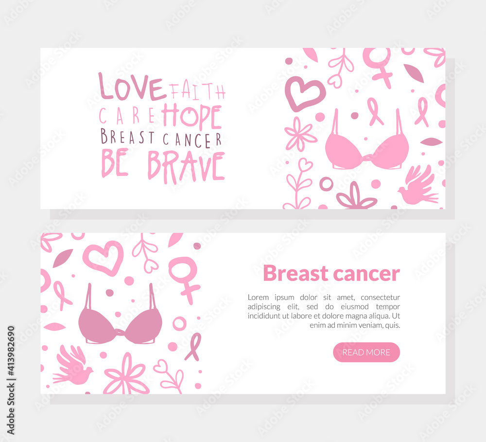 Breast Cancer Landing Page Template, Love, Faith, Care, Hope Concept, Women Support, Breast Diagnosis, Cancer Prevention, Online Help and Charity Cartoon Vector Illustration