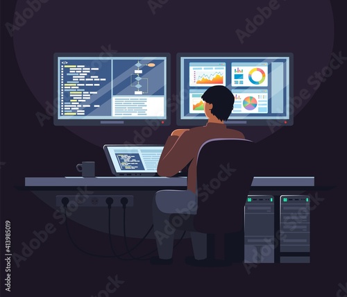 System administrator, programmer male cartoon character sitting at table in front of computer, flat vector illustration. Software developer working on laptop in office. Computer coding and programming