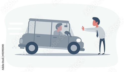 Car driver emergency brakes in front of pedestrian on road. Pedestrian crosses the road in the wrong place. Dangerous situation, traffic violation. Vector illustration, flat cartoon style, isolated.
