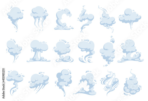 Set of clouds of steam, vapor and smells. Cartoon effects of smoke, explosion, air and dust. Hover silhouettes isolated