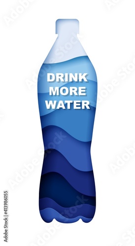 Drink more water motivation quote on paper cut drinking water plastic bottle, vector illustration. Healthy lifestyle.