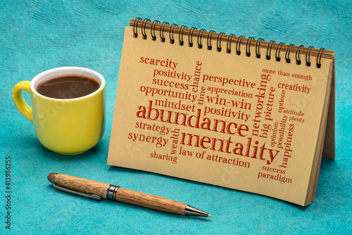abundance mentality word cloud in a spiral notebook with a cup of coffee, positive mindset and win-win concept