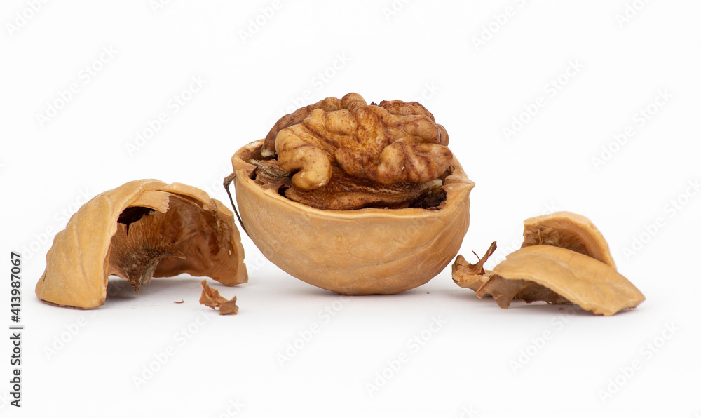 Walnuts half-open isolated on white background Walnuts half-open isolated on white background