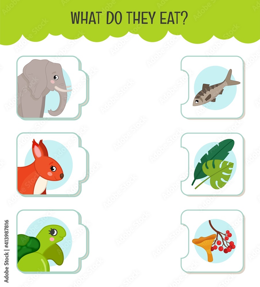 Matching children educational game. What do they eat?. Activity for pre  sсhool years kids and toddlers. Animals and food. Stock Vector | Adobe Stock