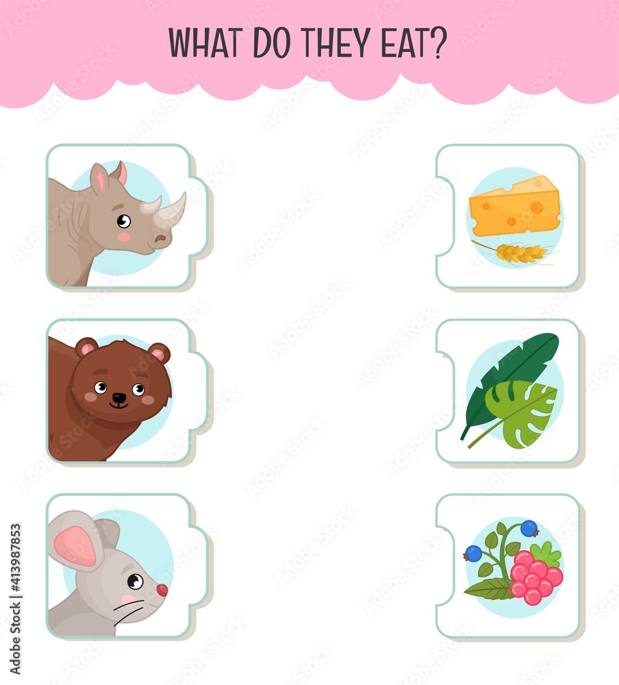Matching children educational game. What do they eat?. Activity for pre