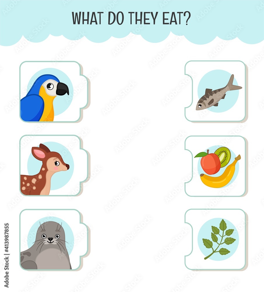 Matching children educational game. What do they eat?. Activity for pre sсhool years kids and toddlers. Animals and food.
