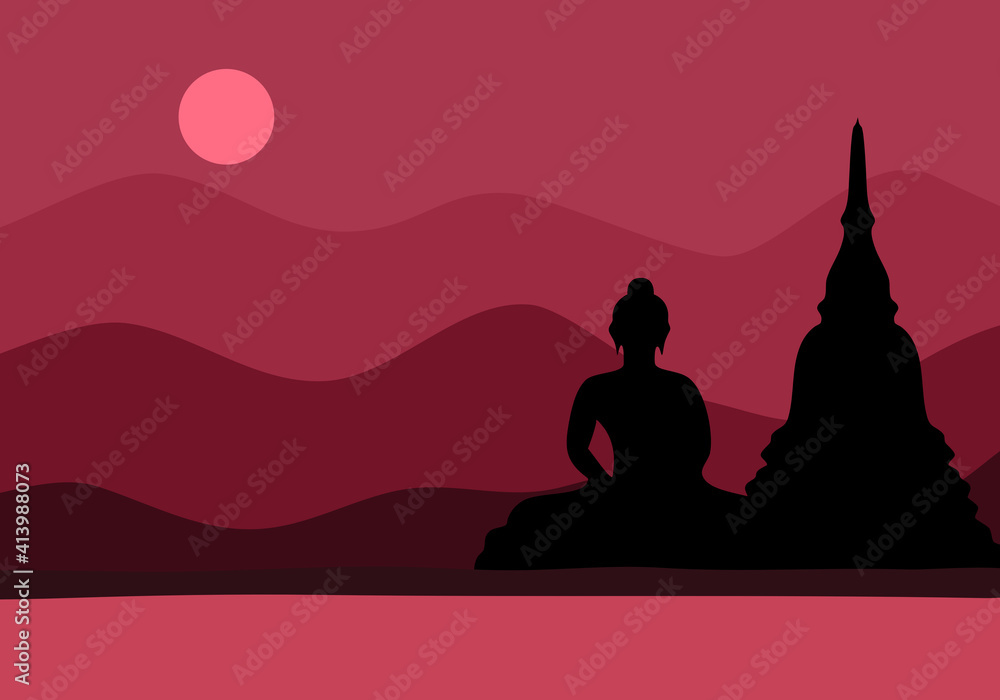 Buddha statue and Buddhism pagoda Asian traditional style with mountain, river and sunset in flat design. Makha bucha  or visakha day.