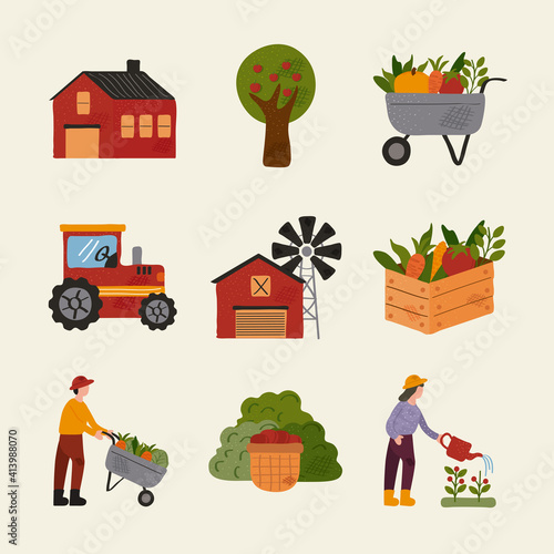 bundle of nine farm and agriculture set icons