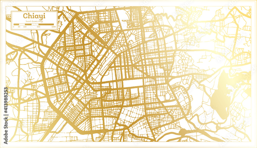 Chiayi Taiwan City Map in Retro Style in Golden Color. Outline Map.